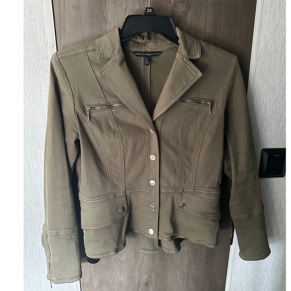White House Black Market Olive Green Military Peplum Jacket Button Front Size 10